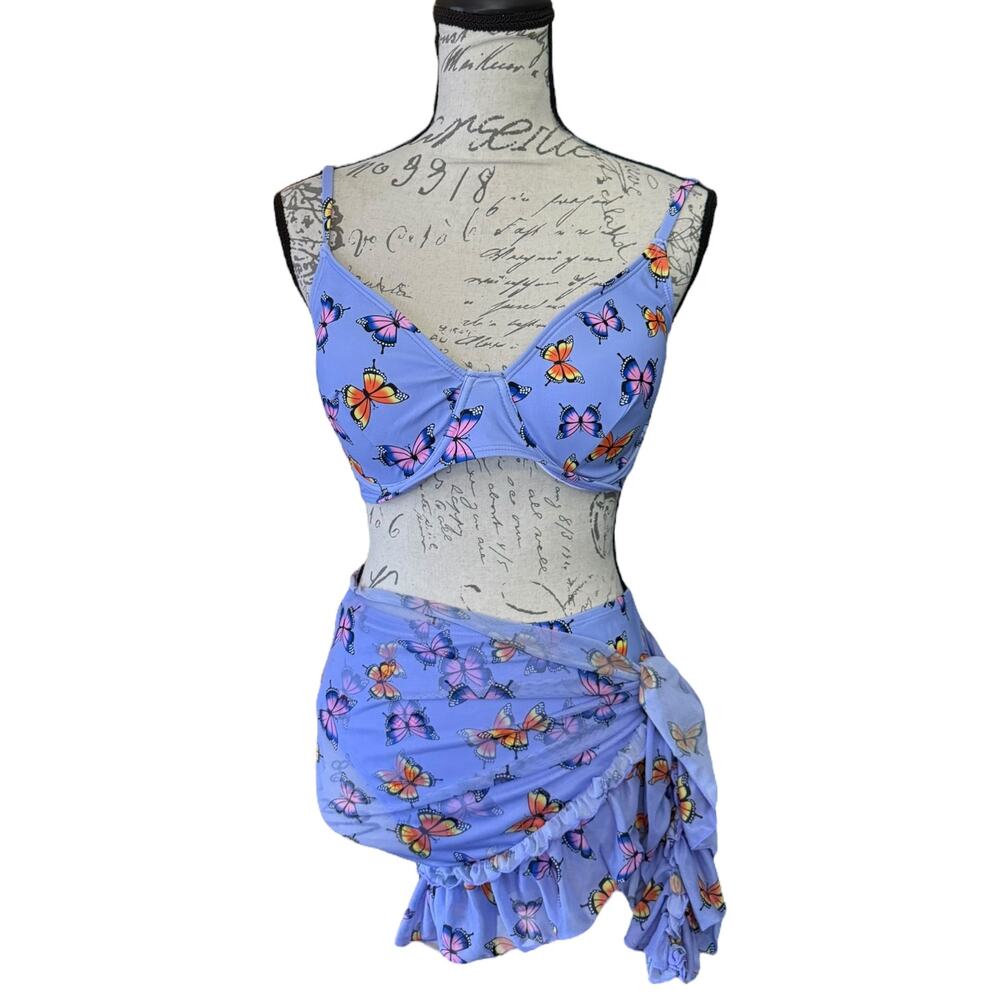 Purple Butterfly Bikini Pareo Sarong 3 Piece Bikini Set Size 2XL